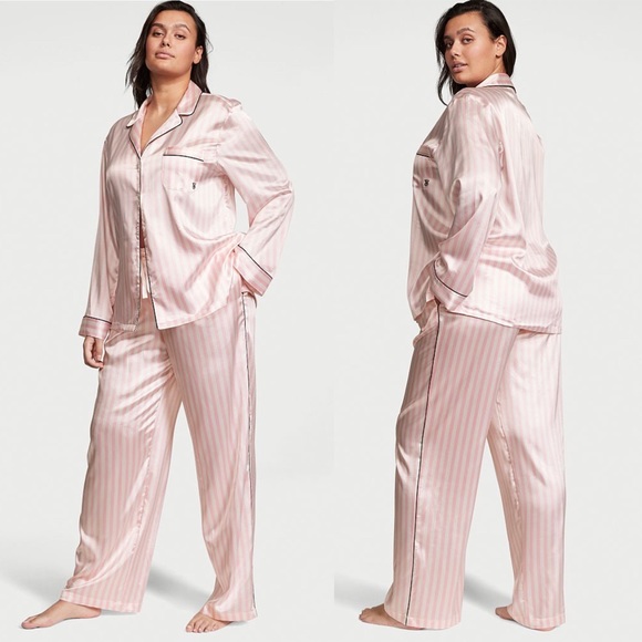 Victoria's Secret Satin Long Pajama Set Pink Iconic Stripe XL(Reg) NEW